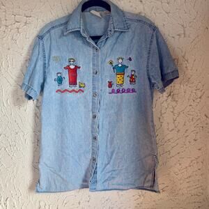 Vintage 90s Embroidered Denim Shirt Very Important Pieces Folk Art Button Up